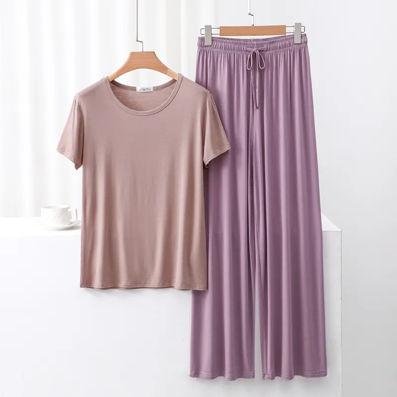 Outer Wearing Round Neck Short-Sleeved T-Shirt Wide Leg Pants Modal Suit Two-Piece Women's Wear Draped Loose Plus Size Home display picture 20