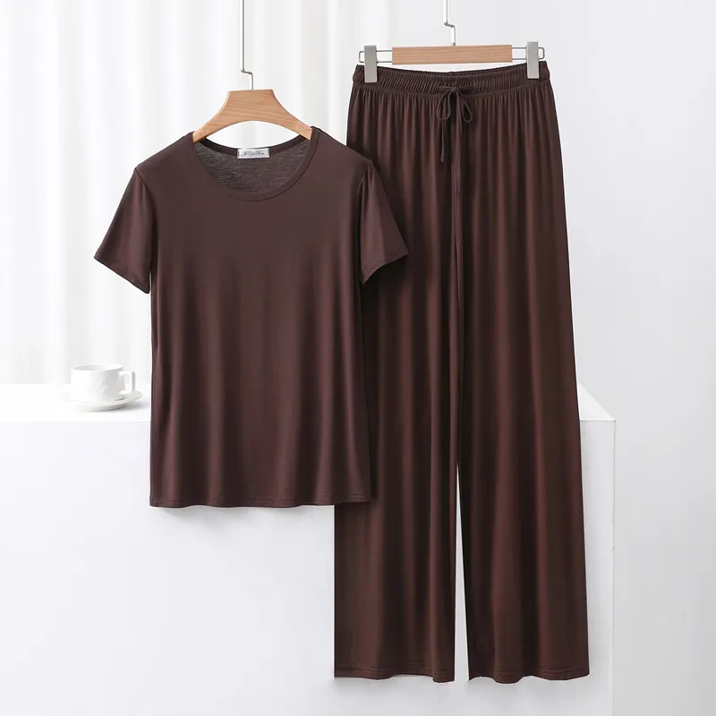 Outer Wearing Round Neck Short-Sleeved T-Shirt Wide Leg Pants Modal Suit Two-Piece Women's Wear Draped Loose Plus Size Home display picture 21