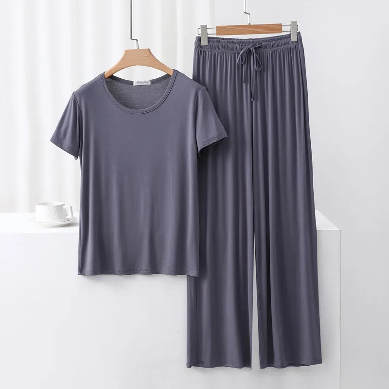 Outer Wearing Round Neck Short-Sleeved T-Shirt Wide Leg Pants Modal Suit Two-Piece Women's Wear Draped Loose Plus Size Home display picture 22