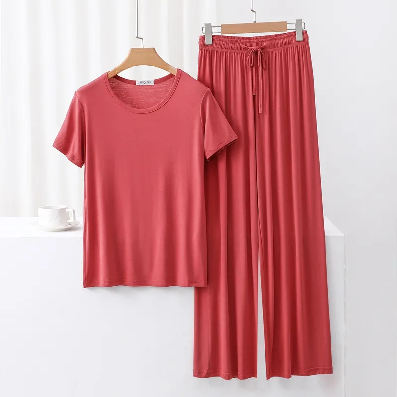 Outer Wearing Round Neck Short-Sleeved T-Shirt Wide Leg Pants Modal Suit Two-Piece Women's Wear Draped Loose Plus Size Home display picture 23