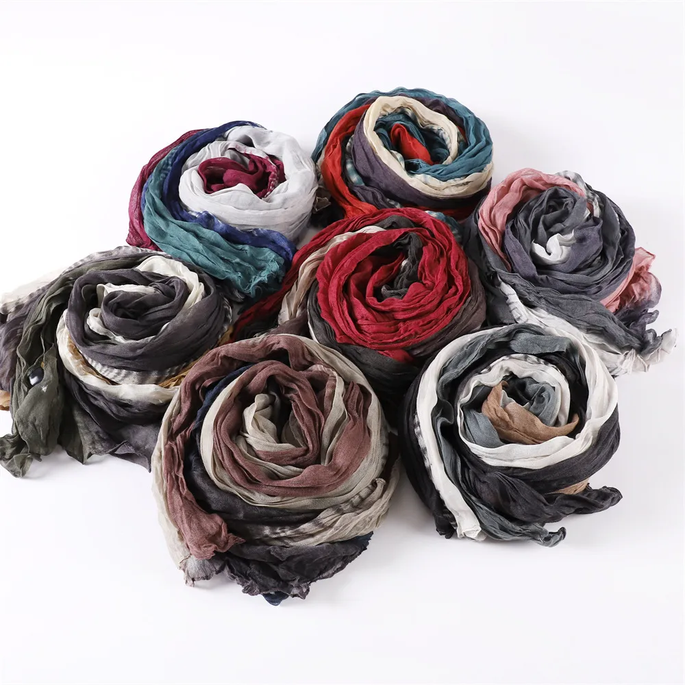 Gradient Bali Yarn Wrinkled Hand-painted Long Scarf Rainbow Thin Twist Wrinkled Scarf Sunscreen Shawl display picture 6