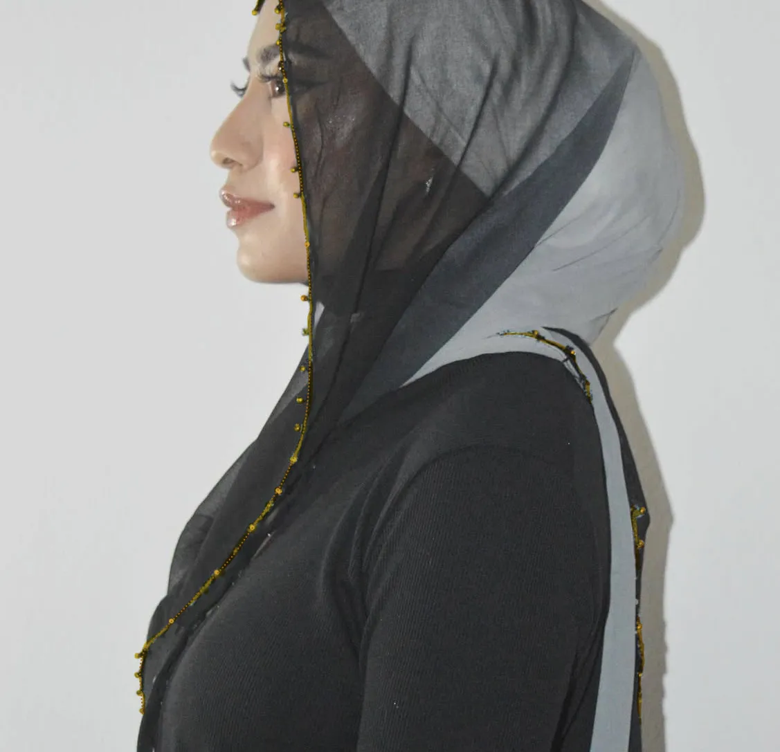 Live  Gradient Pearl Chiffon Stitched Metal Bead Chain Long Scarf Hui Scarf Malay Middle East Headscarf display picture 3