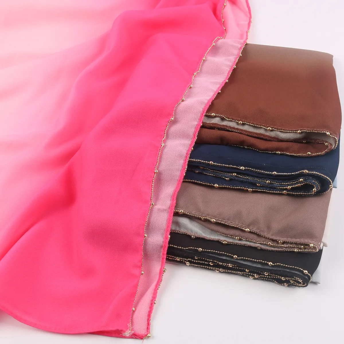 Live  Gradient Pearl Chiffon Stitched Metal Bead Chain Long Scarf Hui Scarf Malay Middle East Headscarf display picture 7