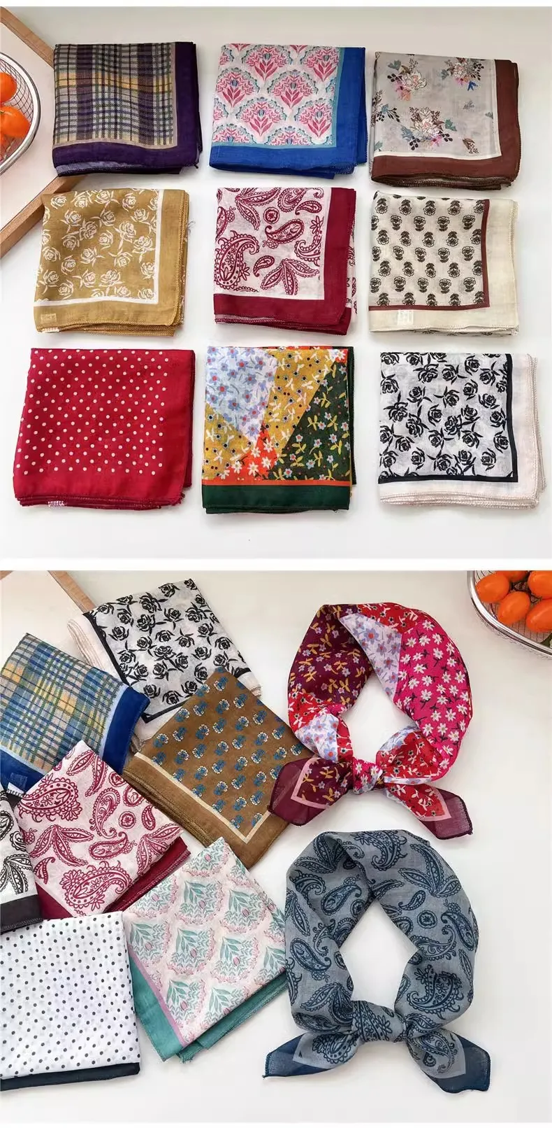 New Style Vintage Floral Small Square Scarf Women's  New Style Cotton And Linen Headscarf Hair Belt Strap Decorative Scarf All-match Scarf display picture 1