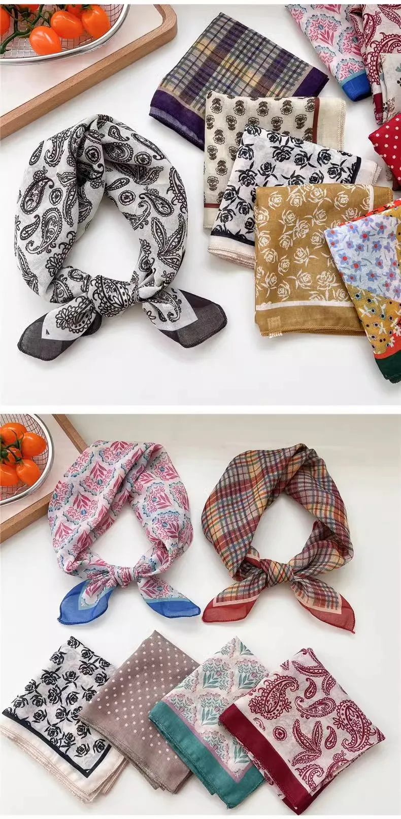 New Style Vintage Floral Small Square Scarf Women's  New Style Cotton And Linen Headscarf Hair Belt Strap Decorative Scarf All-match Scarf display picture 2