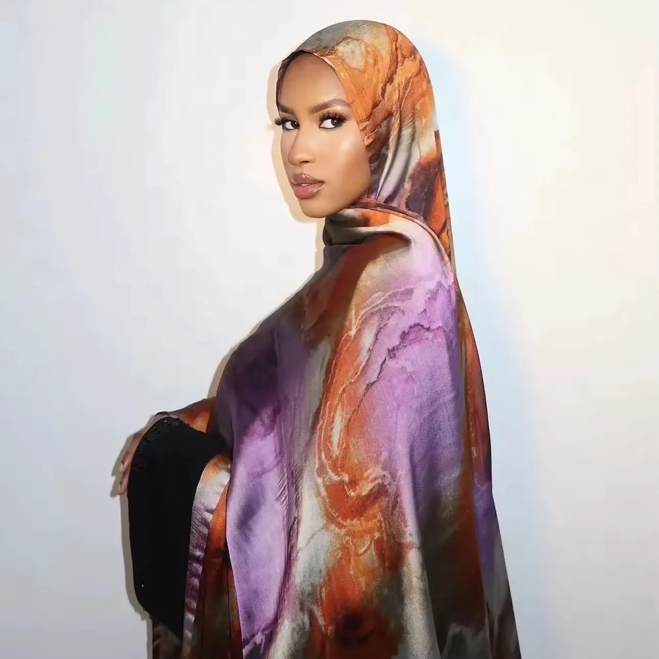 Hot Sale Silk Printed Turban Ethnic Shawl High Grade Marble Printed Ethnic Scarf Shawl display picture 1