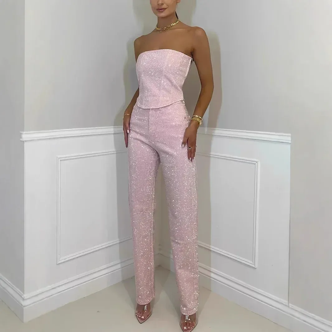 Independent Station  Sexy Shining Vest Diamond Pants Suit Two-piece Set For Women display picture 1