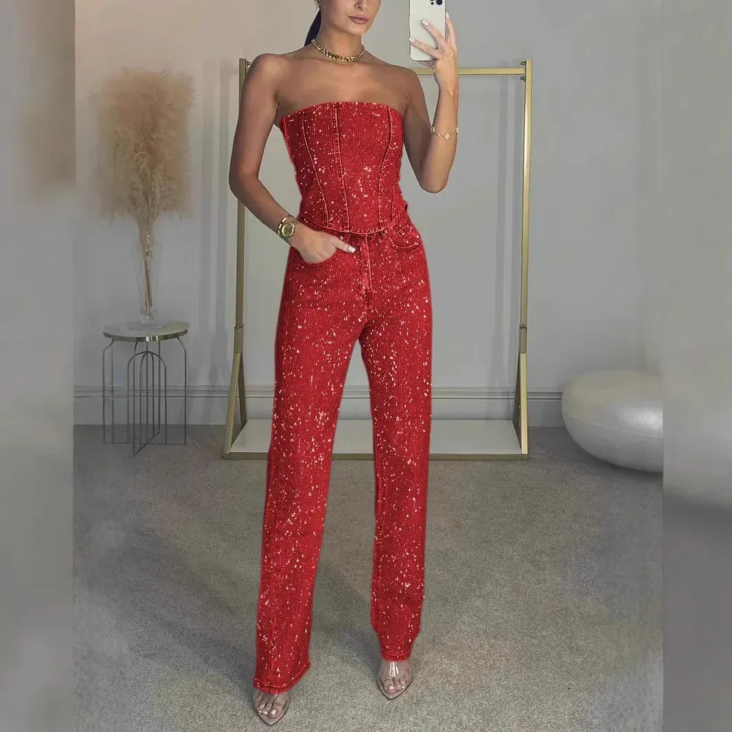 Independent Station  Sexy Shining Vest Diamond Pants Suit Two-piece Set For Women display picture 3