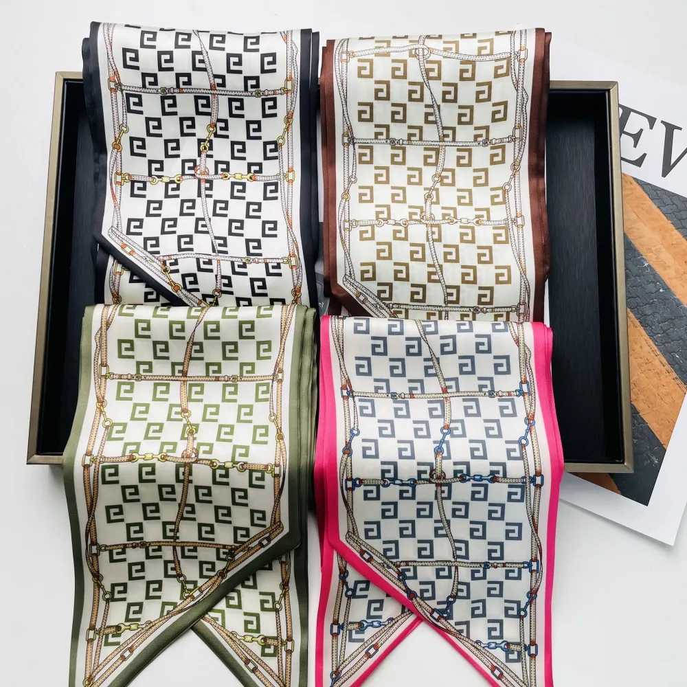 Wind Explosion Oblique Ribbon  OL Imitation Silk Plaid Long Scarf Scarf Factory Wholesale display picture 2