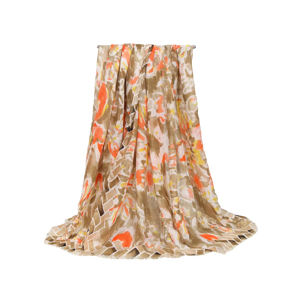 Soft Thin Cotton Linen Gold Silk Multi-color Flower Two-head Short Beard Scarf Spring And Summer Beach Skirt Printed Shawl Women display picture 7