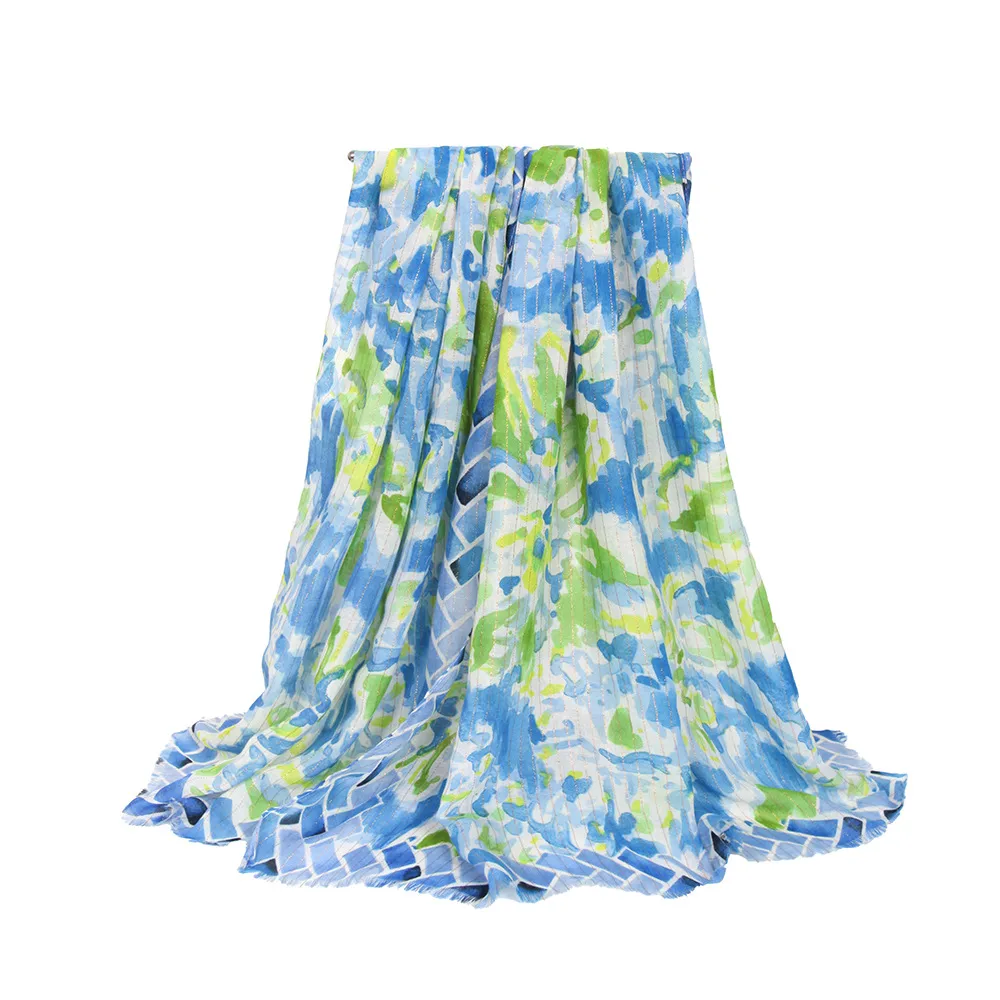 Soft Thin Cotton Linen Gold Silk Multi-color Flower Two-head Short Beard Scarf Spring And Summer Beach Skirt Printed Shawl Women display picture 6