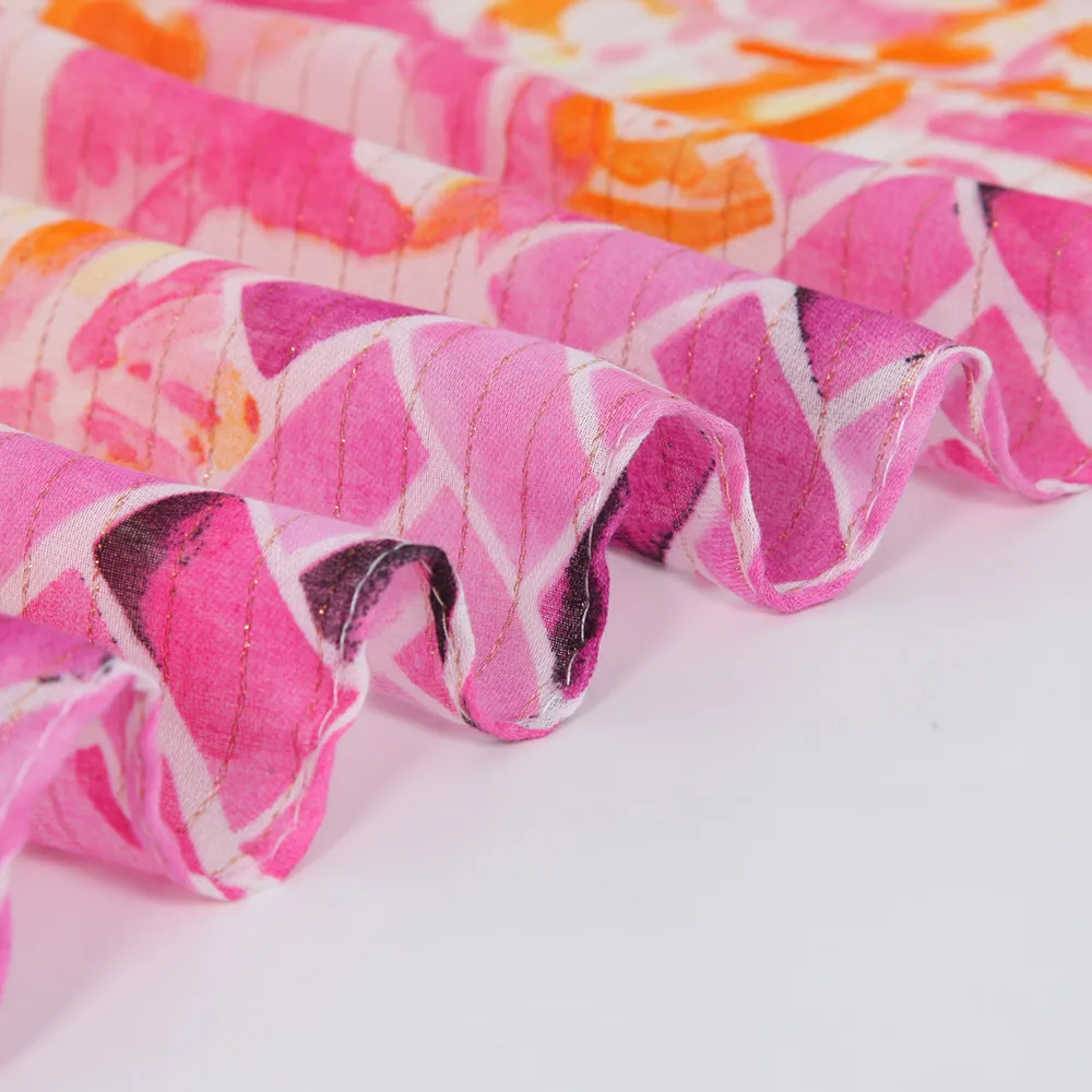 Soft Thin Cotton Linen Gold Silk Multi-color Flower Two-head Short Beard Scarf Spring And Summer Beach Skirt Printed Shawl Women display picture 4