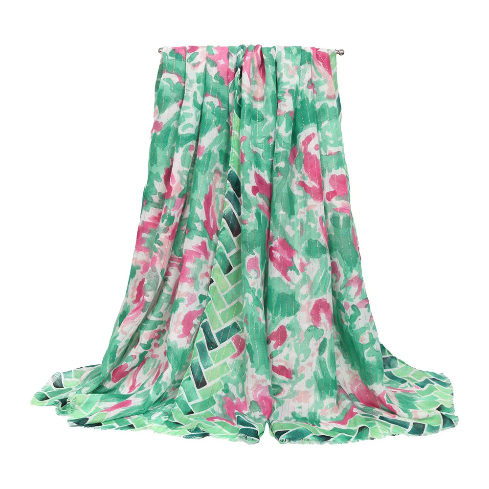 Soft Thin Cotton Linen Gold Silk Multi-color Flower Two-head Short Beard Scarf Spring And Summer Beach Skirt Printed Shawl Women display picture 5