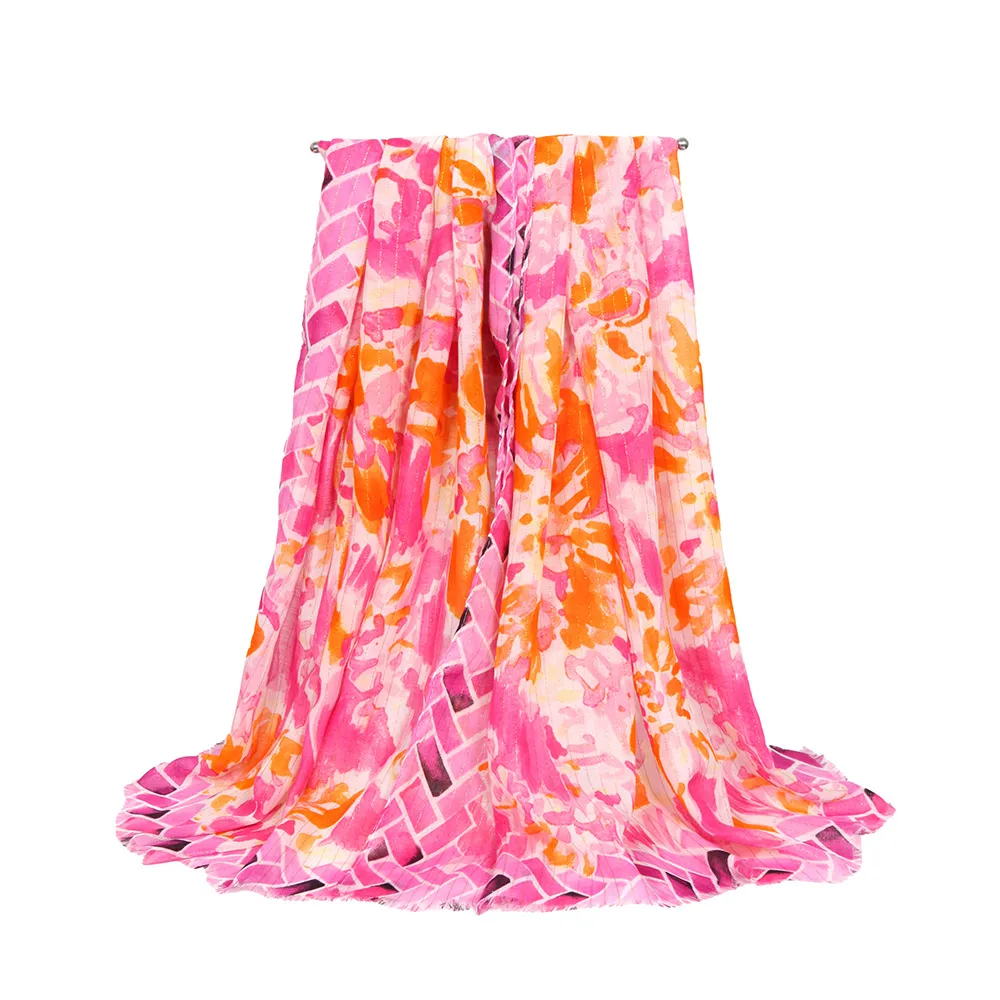 Soft Thin Cotton Linen Gold Silk Multi-color Flower Two-head Short Beard Scarf Spring And Summer Beach Skirt Printed Shawl Women display picture 8