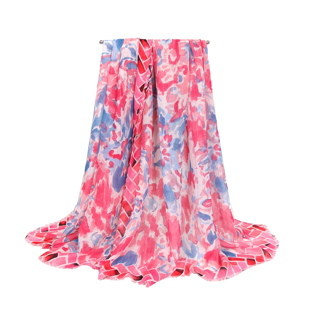 Soft Thin Cotton Linen Gold Silk Multi-color Flower Two-head Short Beard Scarf Spring And Summer Beach Skirt Printed Shawl Women display picture 9