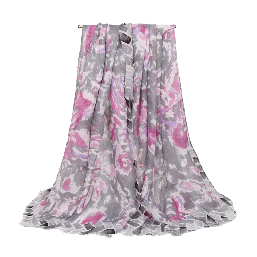 Soft Thin Cotton Linen Gold Silk Multi-color Flower Two-head Short Beard Scarf Spring And Summer Beach Skirt Printed Shawl Women display picture 10
