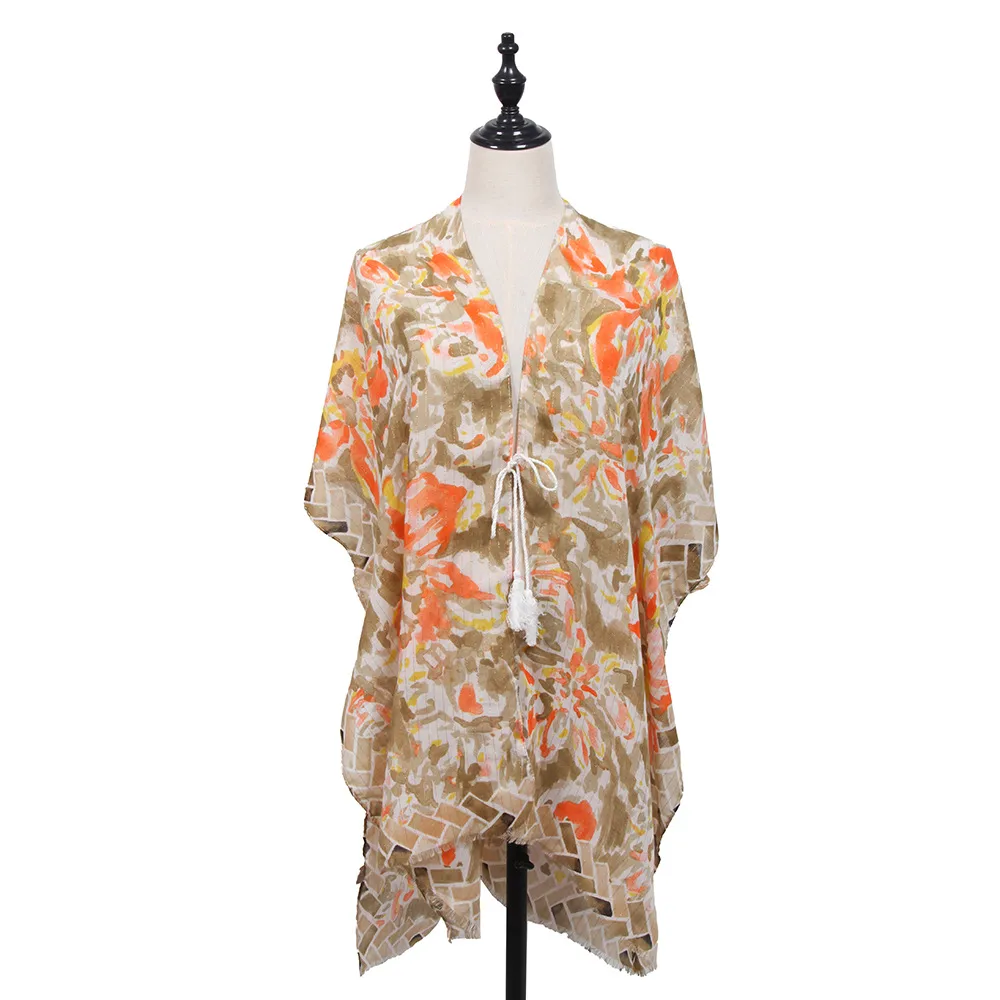 Soft Thin Cotton Linen Gold Silk Multi-color Flower Two-head Short Beard Scarf Spring And Summer Beach Skirt Printed Shawl Women display picture 11