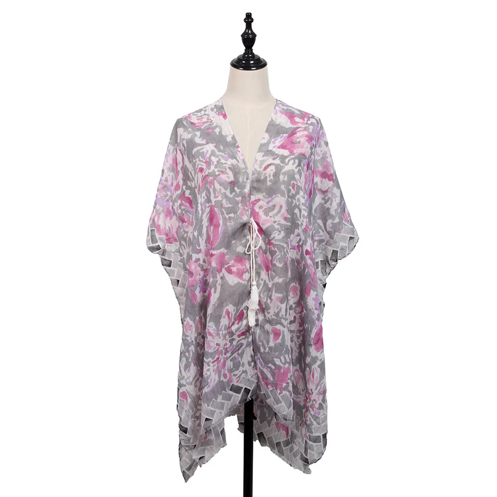 Soft Thin Cotton Linen Gold Silk Multi-color Flower Two-head Short Beard Scarf Spring And Summer Beach Skirt Printed Shawl Women display picture 12