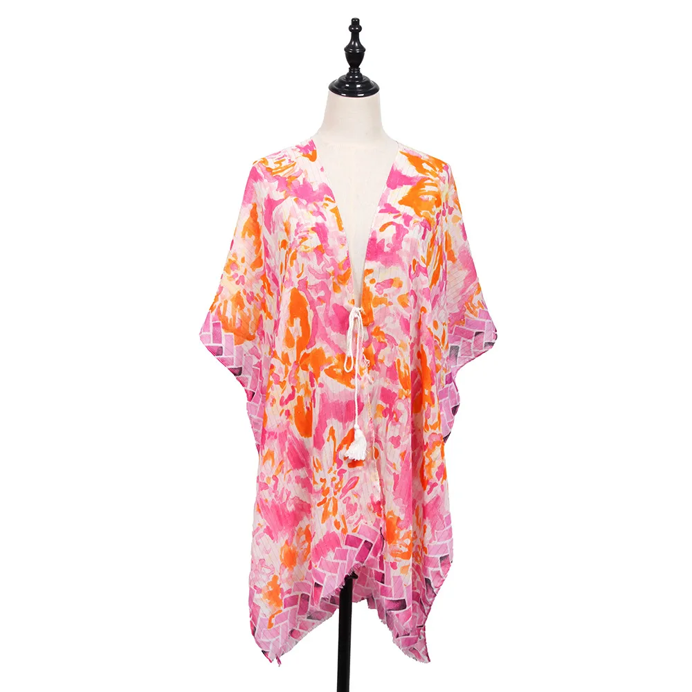 Soft Thin Cotton Linen Gold Silk Multi-color Flower Two-head Short Beard Scarf Spring And Summer Beach Skirt Printed Shawl Women display picture 13