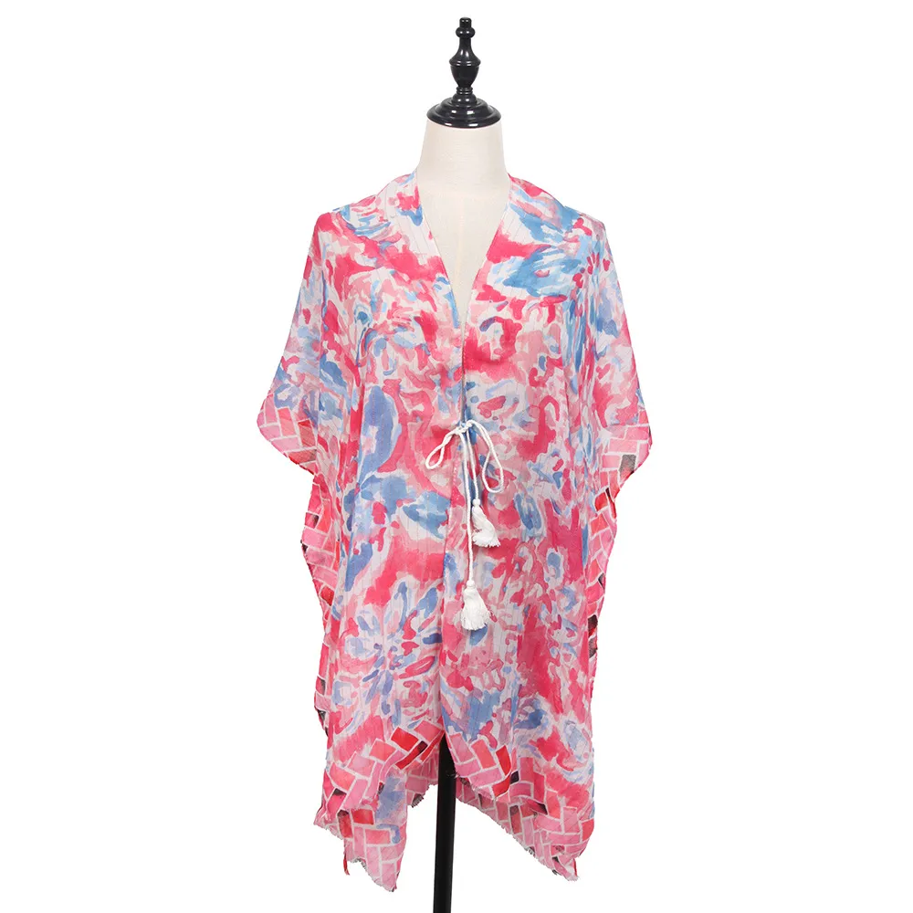 Soft Thin Cotton Linen Gold Silk Multi-color Flower Two-head Short Beard Scarf Spring And Summer Beach Skirt Printed Shawl Women display picture 15