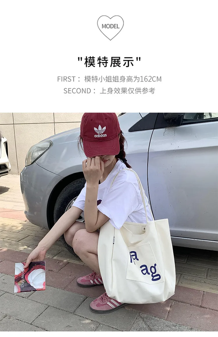Letter Printed Canvas Women's Tote Bag Literary Style Large Capacity Student Schoolbag 2024 New Fashion Shoulder Bag display picture 2