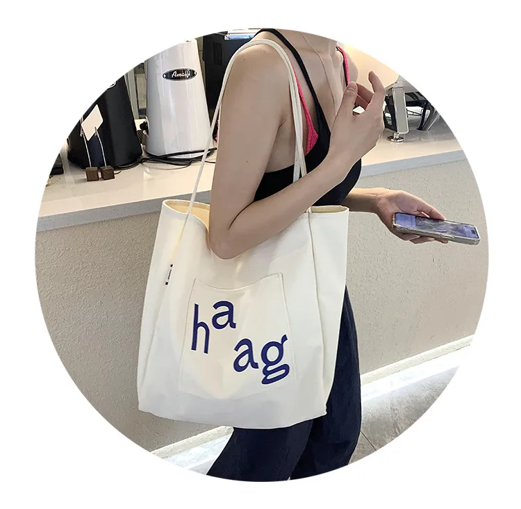 Letter Printed Canvas Women's Tote Bag Literary Style Large Capacity Student Schoolbag 2024 New Fashion Shoulder Bag display picture 3