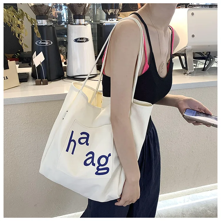 Letter Printed Canvas Women's Tote Bag Literary Style Large Capacity Student Schoolbag 2024 New Fashion Shoulder Bag display picture 4