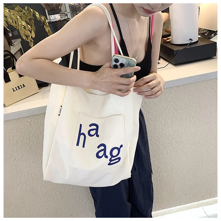Letter Printed Canvas Women's Tote Bag Literary Style Large Capacity Student Schoolbag 2024 New Fashion Shoulder Bag display picture 5