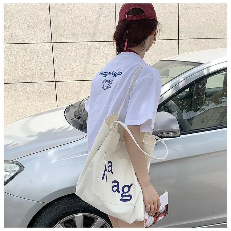 Letter Printed Canvas Women's Tote Bag Literary Style Large Capacity Student Schoolbag 2024 New Fashion Shoulder Bag display picture 7