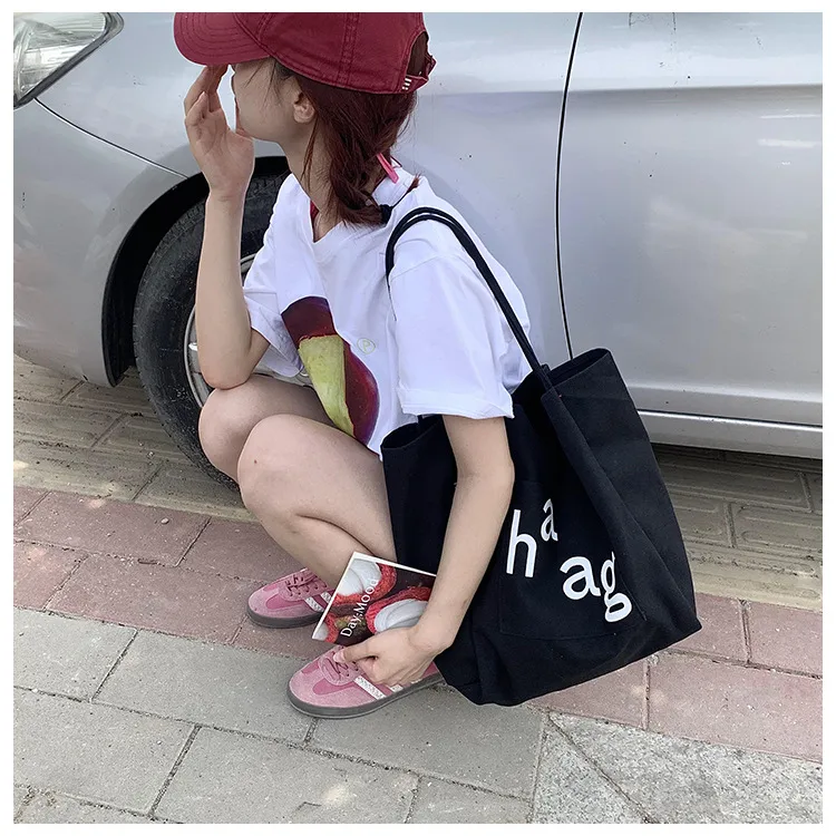 Letter Printed Canvas Women's Tote Bag Literary Style Large Capacity Student Schoolbag 2024 New Fashion Shoulder Bag display picture 12
