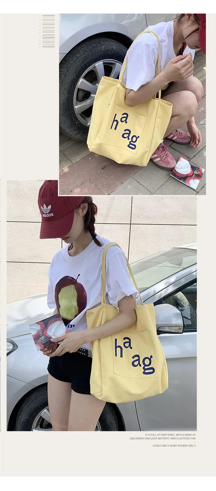 Letter Printed Canvas Women's Tote Bag Literary Style Large Capacity Student Schoolbag 2024 New Fashion Shoulder Bag display picture 16