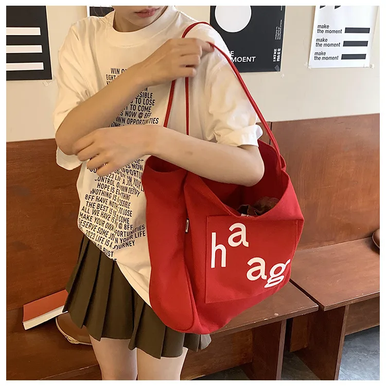 Letter Printed Canvas Women's Tote Bag Literary Style Large Capacity Student Schoolbag 2024 New Fashion Shoulder Bag display picture 31