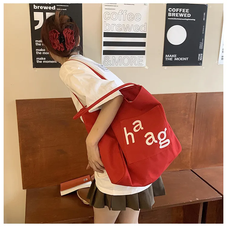 Letter Printed Canvas Women's Tote Bag Literary Style Large Capacity Student Schoolbag 2024 New Fashion Shoulder Bag display picture 32