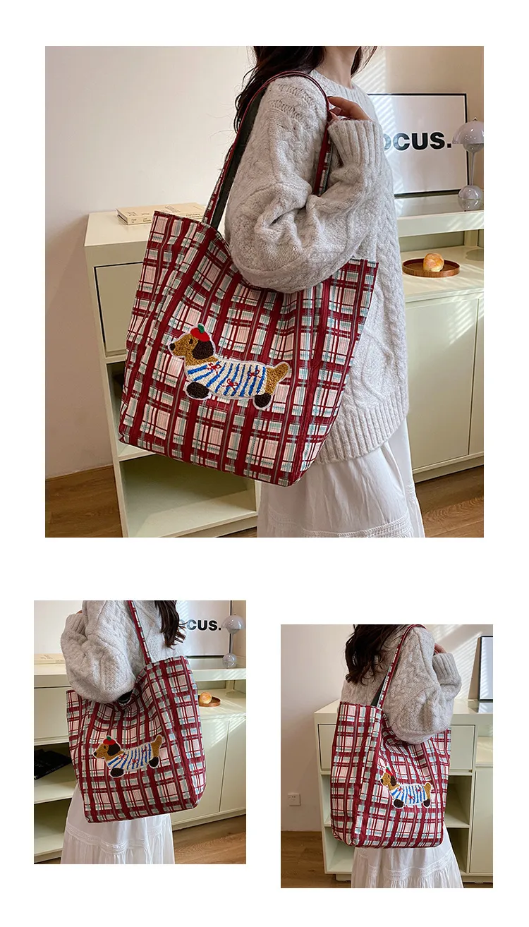 New Style Plaid Puppy Tote Bag 2024 New Large Capacity Underarm Shoulder Bag Casual All-Match Double-Sided Cloth Bag display picture 3