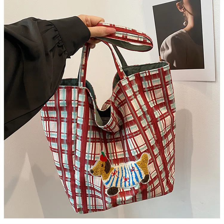 New Style Plaid Puppy Tote Bag 2024 New Large Capacity Underarm Shoulder Bag Casual All-Match Double-Sided Cloth Bag display picture 31