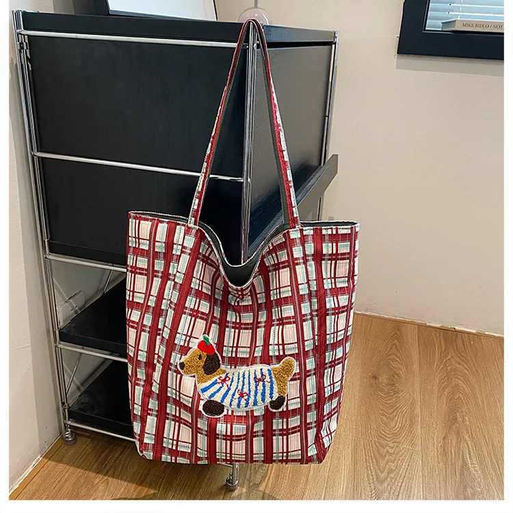 New Style Plaid Puppy Tote Bag 2024 New Large Capacity Underarm Shoulder Bag Casual All-Match Double-Sided Cloth Bag display picture 33
