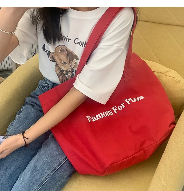 2024 New Ins Niche Red Canvas Bag Casual Letter Printed Canvas Shoulder Bag Large Capacity School Bag display picture 3