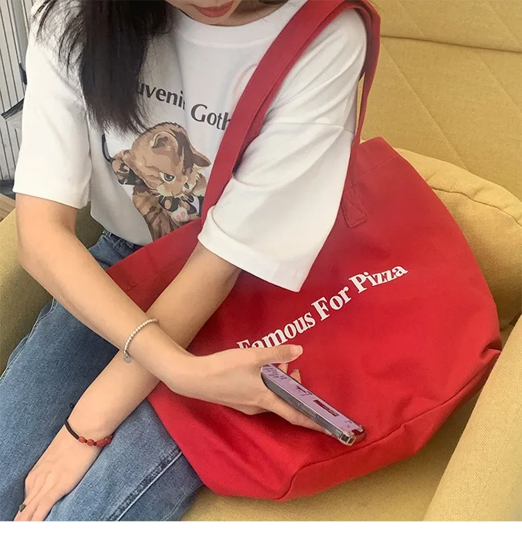 2024 New Ins Niche Red Canvas Bag Casual Letter Printed Canvas Shoulder Bag Large Capacity School Bag display picture 5
