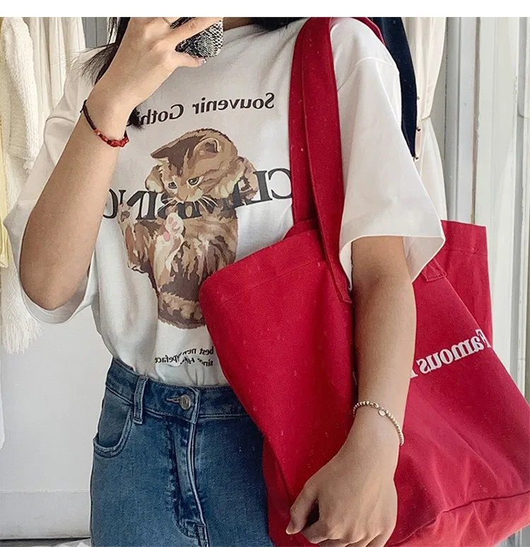2024 New Ins Niche Red Canvas Bag Casual Letter Printed Canvas Shoulder Bag Large Capacity School Bag display picture 10