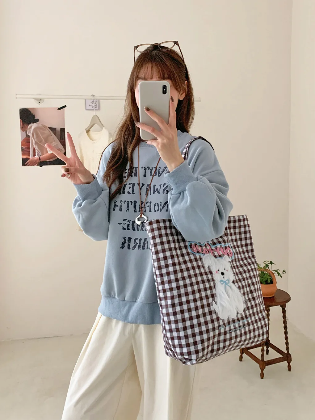 Cute Plush Puppy Embroidered Shoulder Bag Large Capacity Checked Canvas Bag Student Class Bag Autumn And Winter New Cloth Bag display picture 23