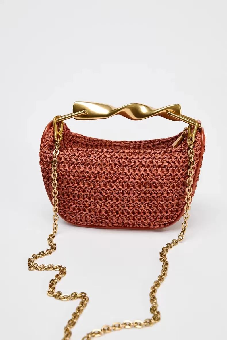 2025 New Special-Interest Design Woven Bag Portable Messenger Bag Metal Handle Straw Bag Beach Holiday Bag Fashion display picture 11
