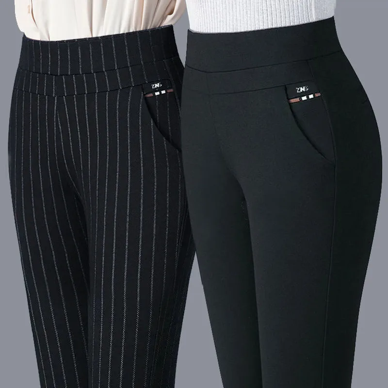 New Pants Women Elastic High Waist Spring Thick Casual Pants Stretch Stripes Slimming Middle-Aged Women's Pants Straight-Leg Trousers display picture 1