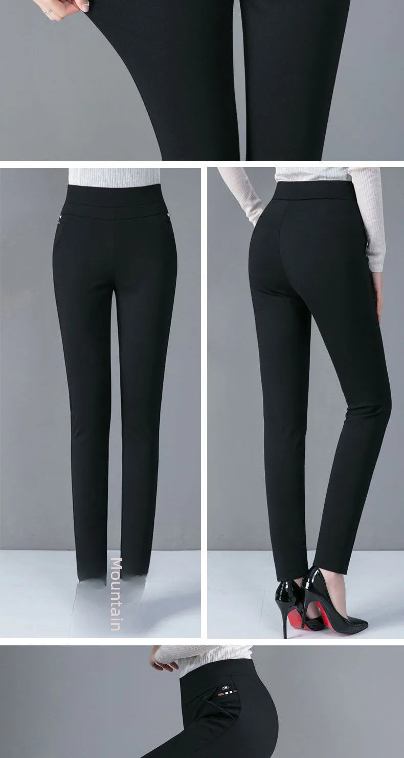 New Pants Women Elastic High Waist Spring Thick Casual Pants Stretch Stripes Slimming Middle-Aged Women's Pants Straight-Leg Trousers display picture 2