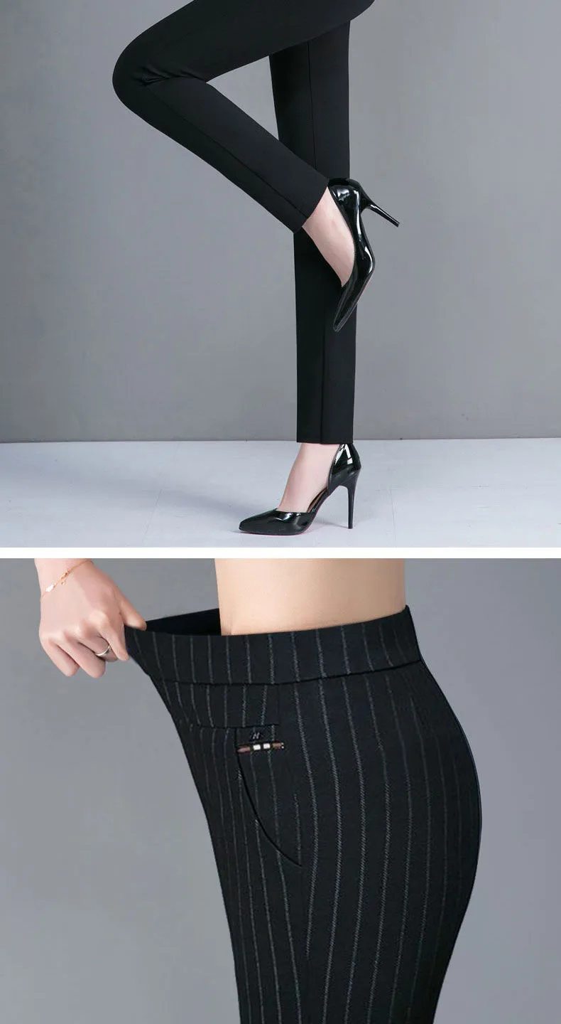 New Pants Women Elastic High Waist Spring Thick Casual Pants Stretch Stripes Slimming Middle-Aged Women's Pants Straight-Leg Trousers display picture 3