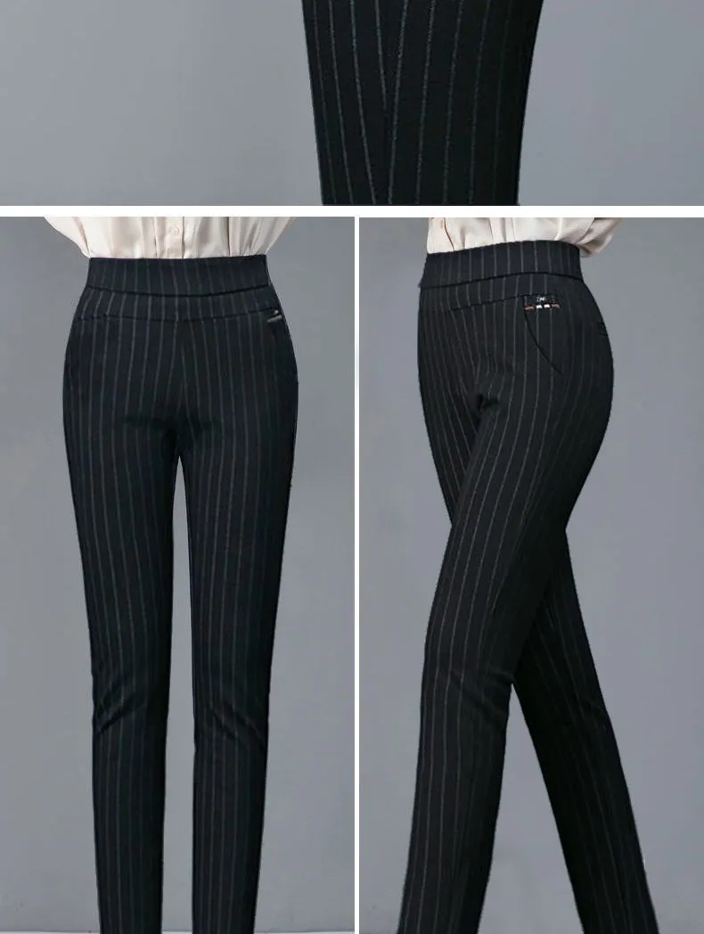 New Pants Women Elastic High Waist Spring Thick Casual Pants Stretch Stripes Slimming Middle-Aged Women's Pants Straight-Leg Trousers display picture 4