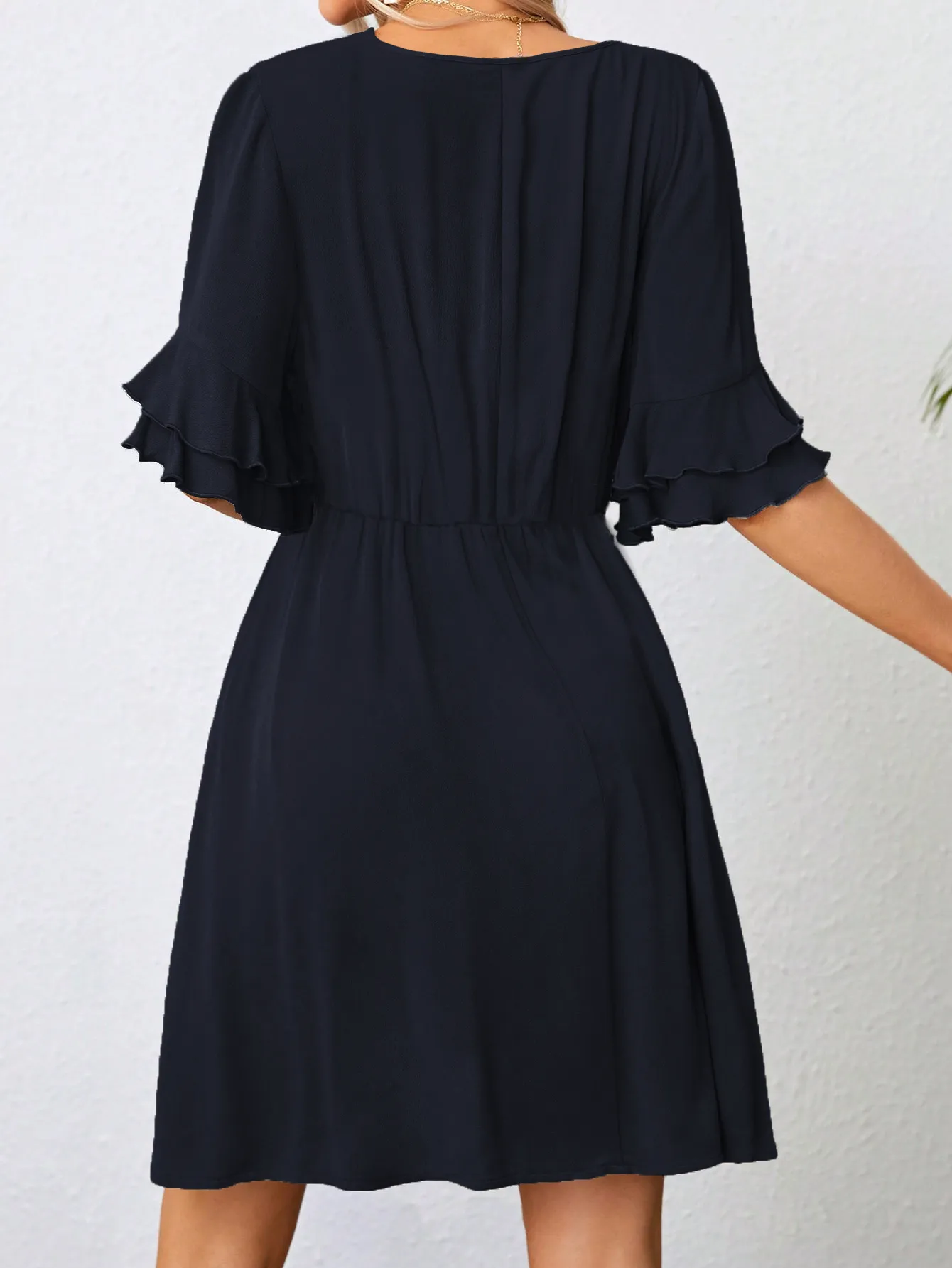 Women's T Shirt Dress Elegant Romantic V Neck Short Sleeve Solid Color Knee-Length Travel Date display picture 2