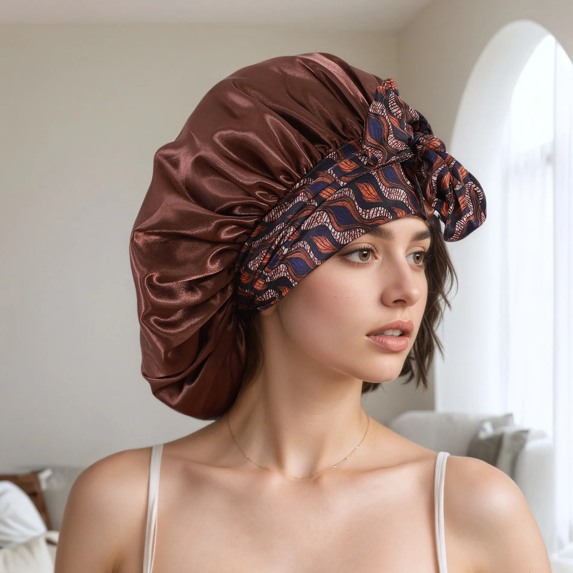 New   Hot Sale Wide-brimmed Long-tail Large Shower Cap Ribbon Printed Cap Large Color Ding Sleeping Hat display picture 8
