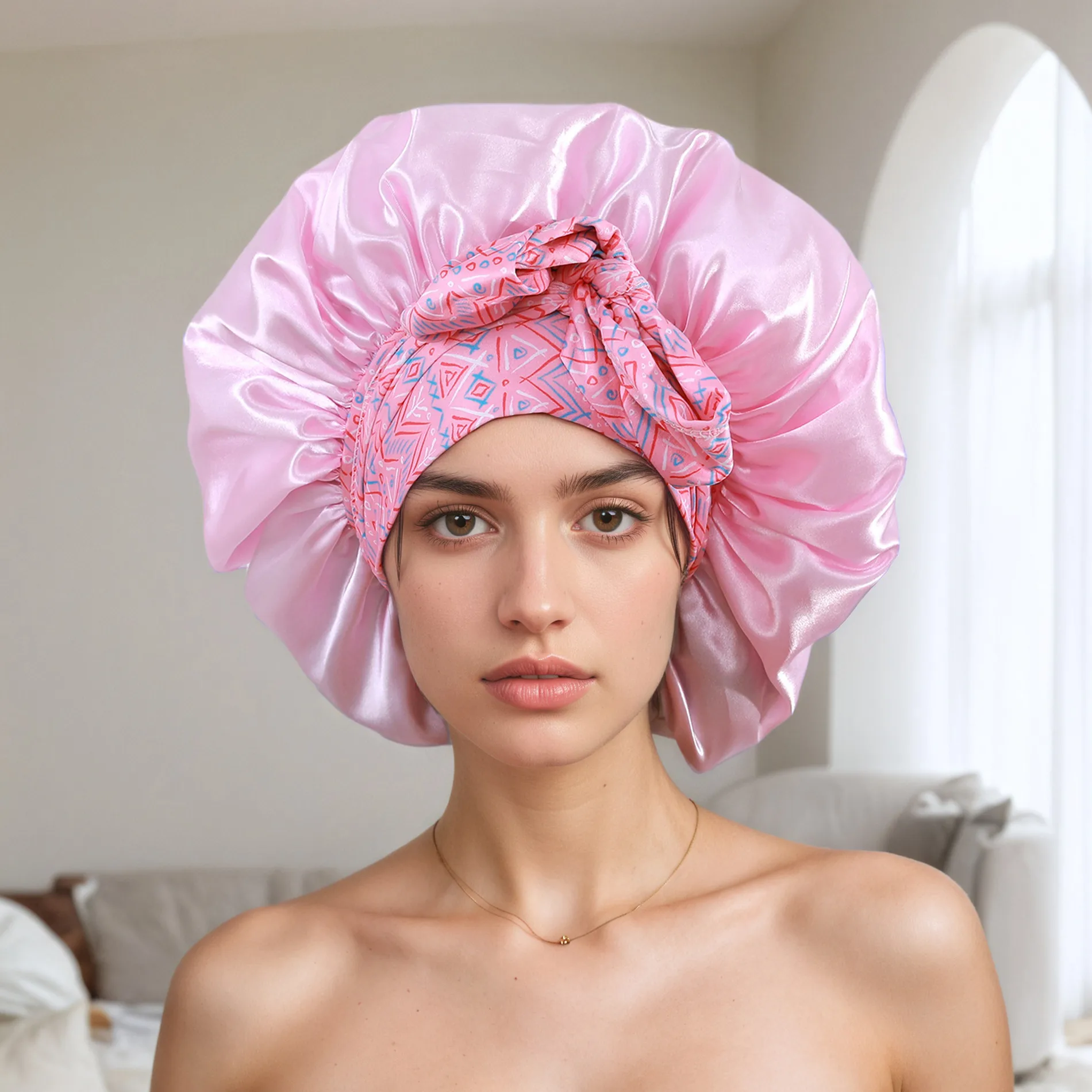 New   Hot Sale Wide-brimmed Long-tail Large Shower Cap Ribbon Printed Cap Large Color Ding Sleeping Hat display picture 6