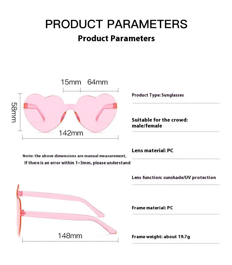 Europe And The United States Pink Heart Sunglasses Love Sunglasses Jelly Frameless Heart-shaped One-body Dazzling Color Glasses display picture 1