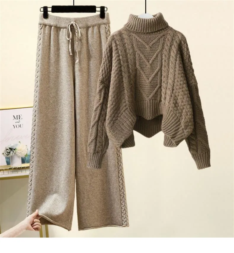 Fleece-lined Thickened Two-Piece Women's Autumn And Winter New High-Neck Twist Pullover Sweater Design Sense Daggedness Wide-Leg Pants display picture 1